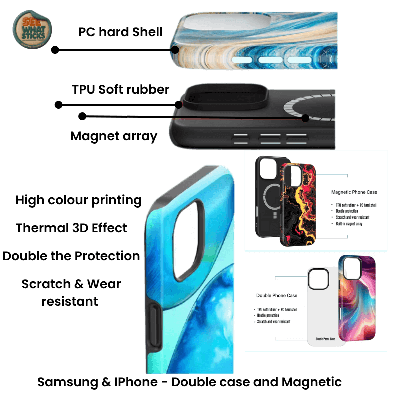 Magnetic phone case with colorful design and additional phone cases displayed on a black background.