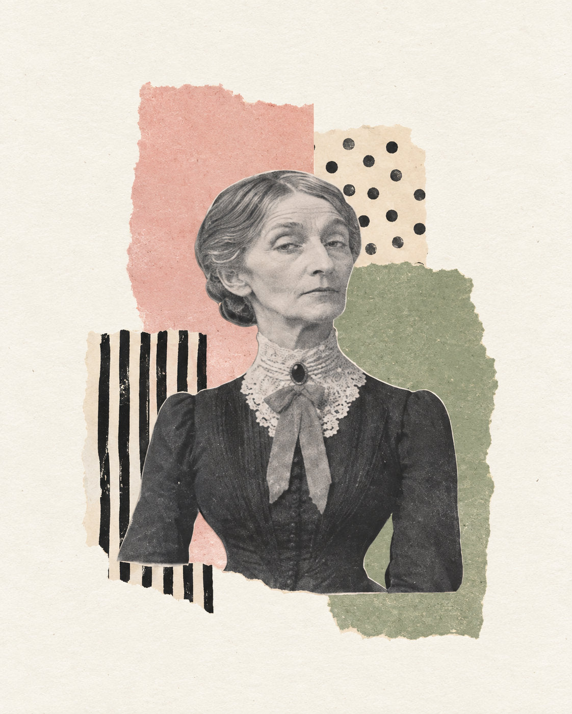 Vintage collage artwork using a Forgotten Relatives adult portrait with coloured paper textures and bold pattern elements