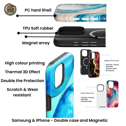 Magnetic phone case with colorful design and additional phone cases displayed on a black background.