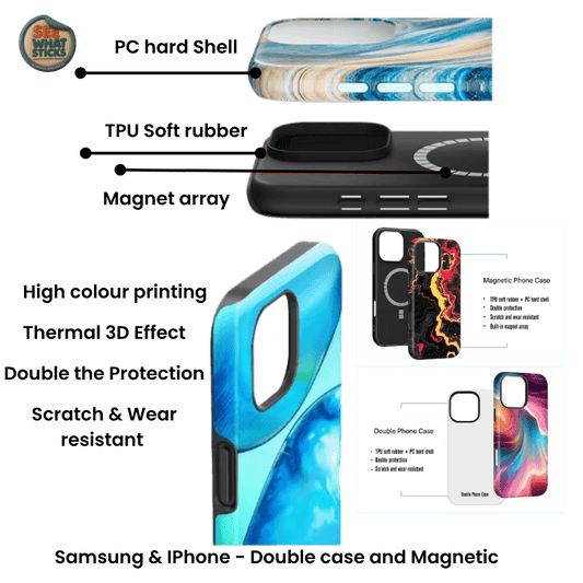 Magnetic phone case with colorful design and additional phone cases displayed on a black background.