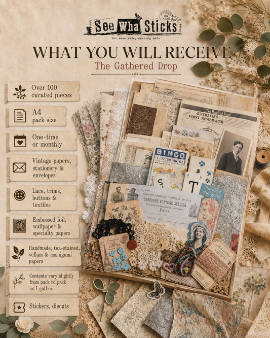 The Gathered Drop | A4 Vintage Ephemera & Mixed Media Pack – 100+ Pieces