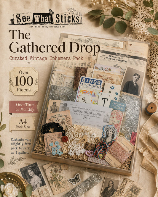 The Gathered Drop | A4 Vintage Ephemera & Mixed Media Pack – 100+ Pieces
