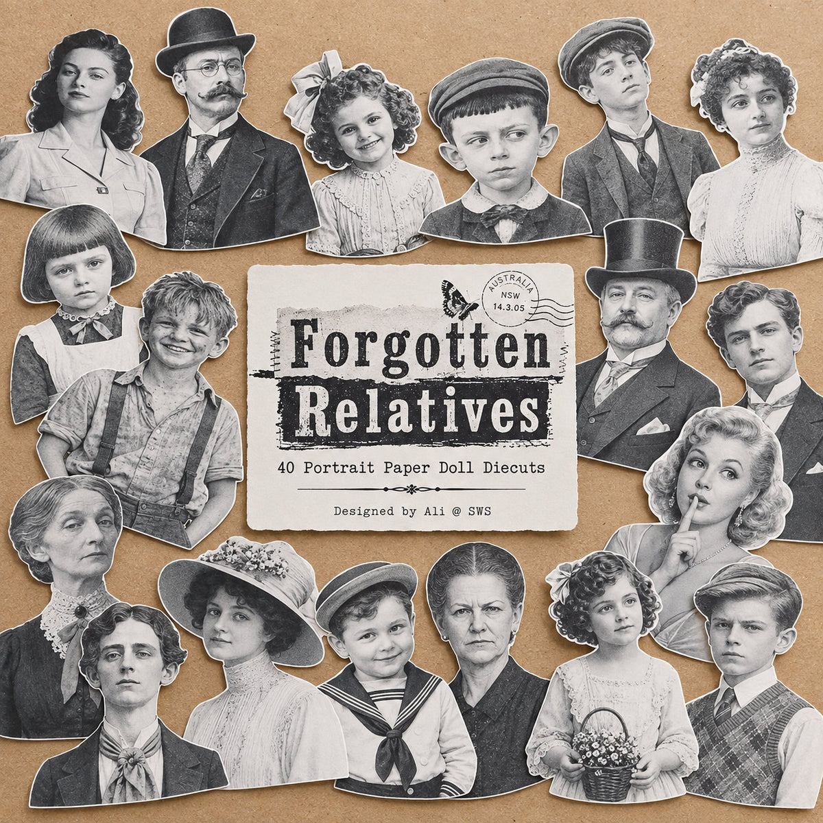 Forgotten Relatives black and white vintage portrait paper doll diecuts by See What Sticks