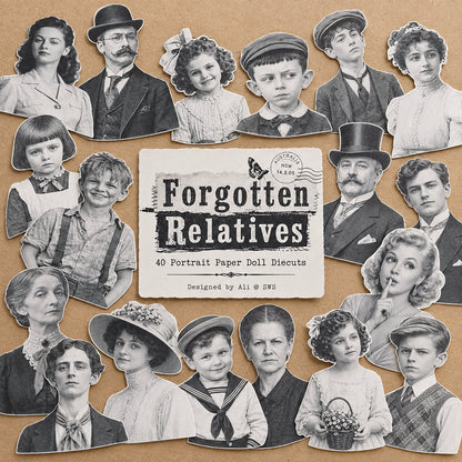Forgotten Relatives black and white vintage portrait paper doll diecuts by See What Sticks