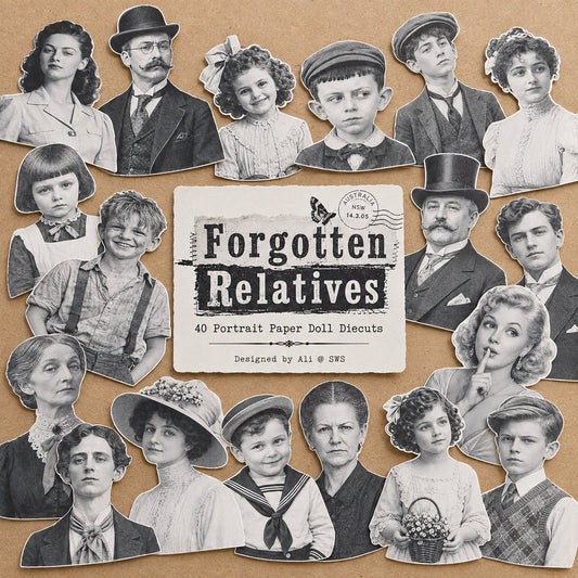 Forgotten Relatives black and white vintage portrait paper doll diecuts by See What Sticks