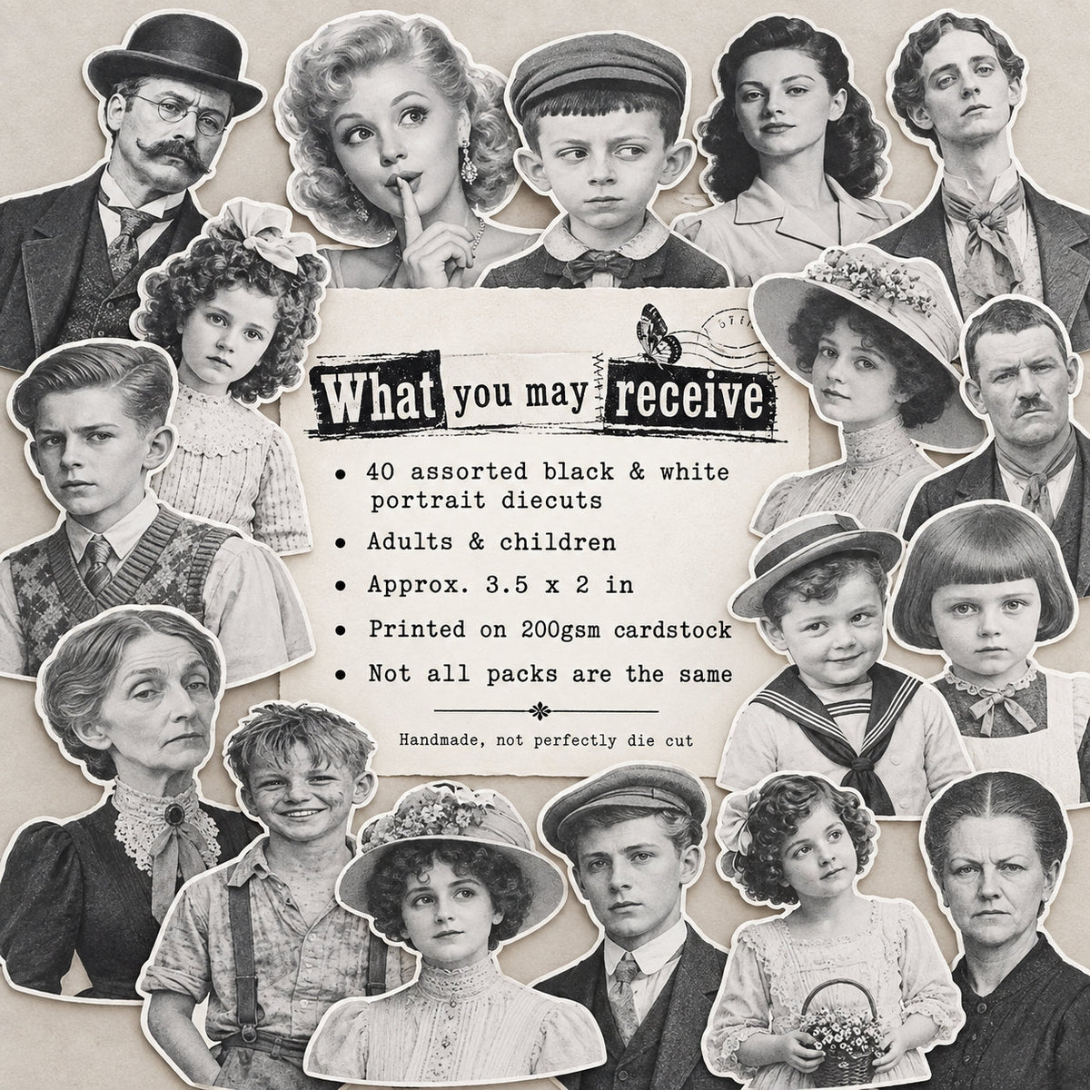 Assorted Forgotten Relatives portrait diecuts showing adults and children printed in black and white on cardstock