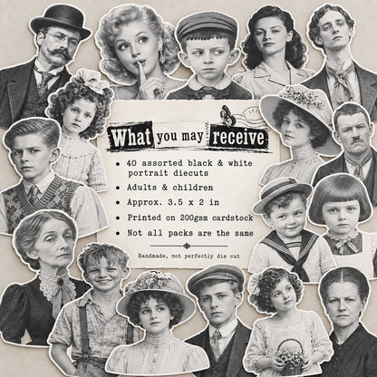 Assorted Forgotten Relatives portrait diecuts showing adults and children printed in black and white on cardstock