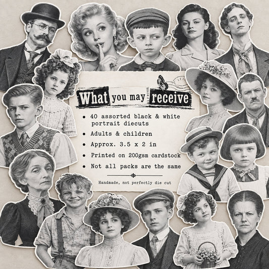 Assorted Forgotten Relatives portrait diecuts showing adults and children printed in black and white on cardstock