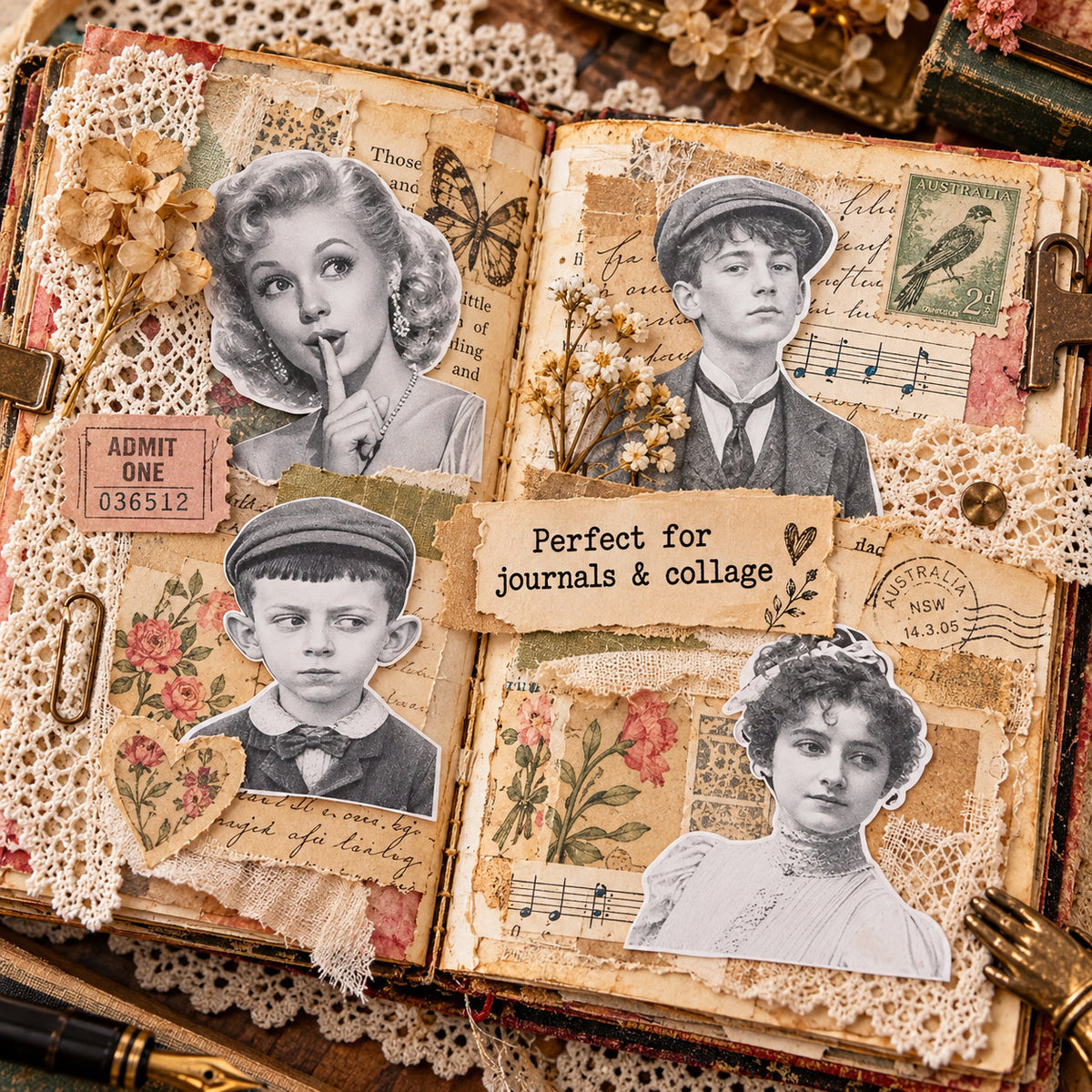 Junk journal collage featuring Forgotten Relatives black and white portrait diecuts with vintage papers and mixed media elements