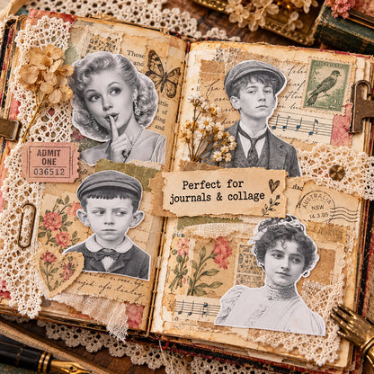 Junk journal collage featuring Forgotten Relatives black and white portrait diecuts with vintage papers and mixed media elements