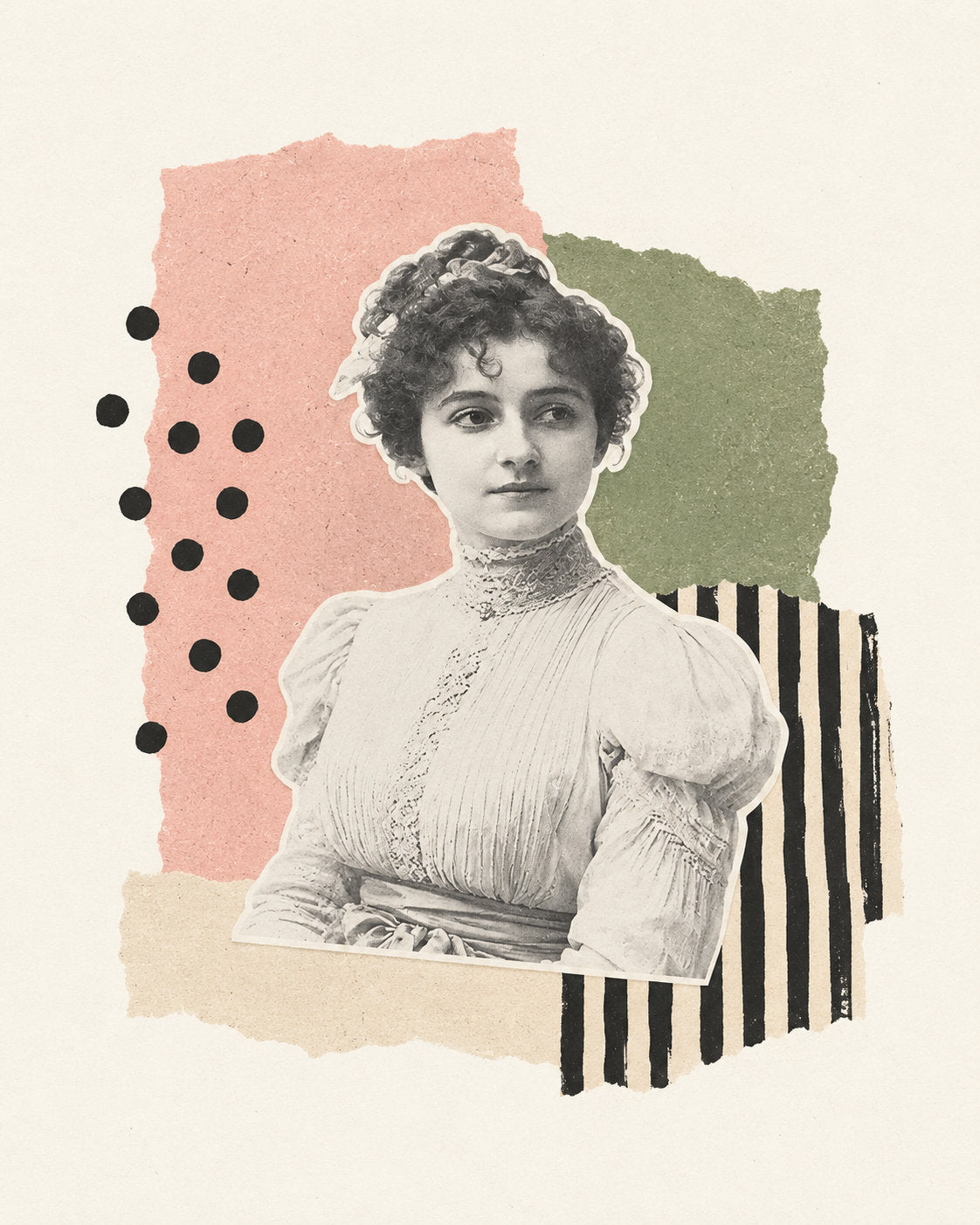 Mixed media collage using a black and white Forgotten Relatives portrait with layered coloured papers and graphic shapes