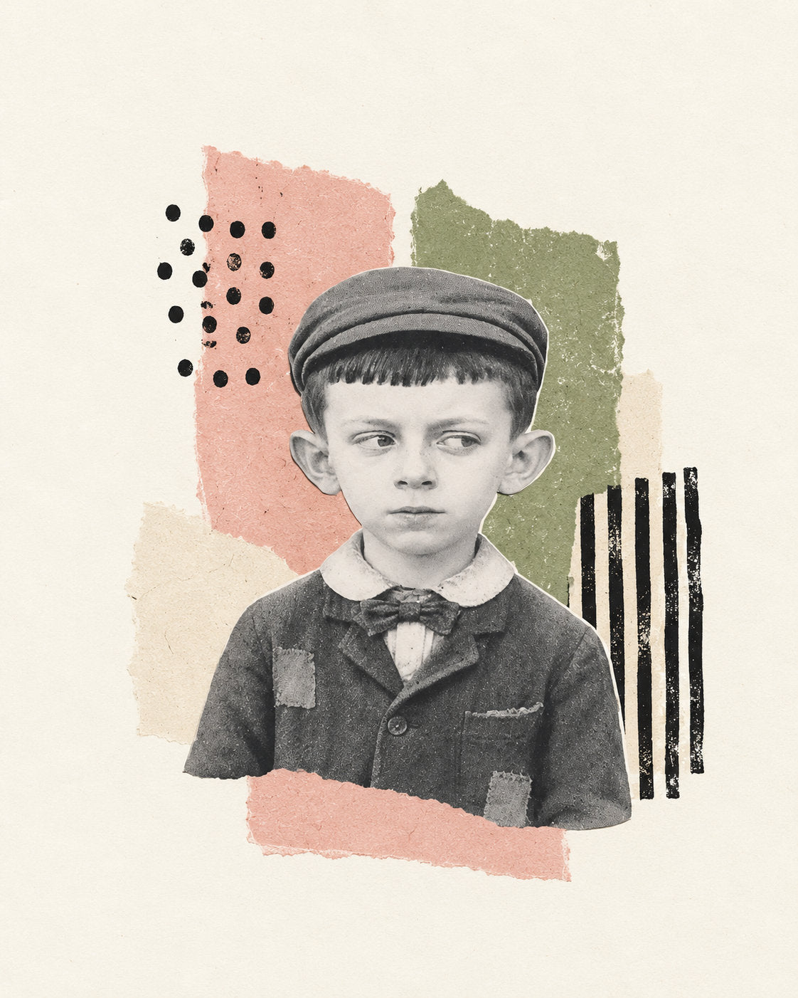 Simple collage artwork featuring a Forgotten Relatives child portrait with torn paper shapes and black graphic details