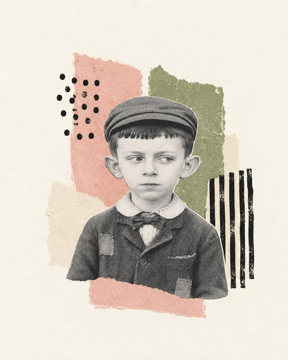Simple collage artwork featuring a Forgotten Relatives child portrait with torn paper shapes and black graphic details