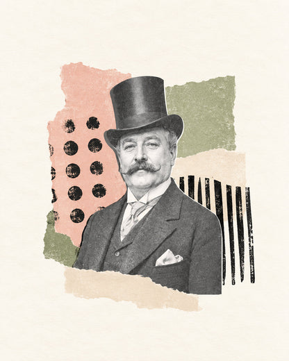 Vintage collage artwork using a Forgotten Relatives adult portrait with coloured paper textures and bold pattern elements