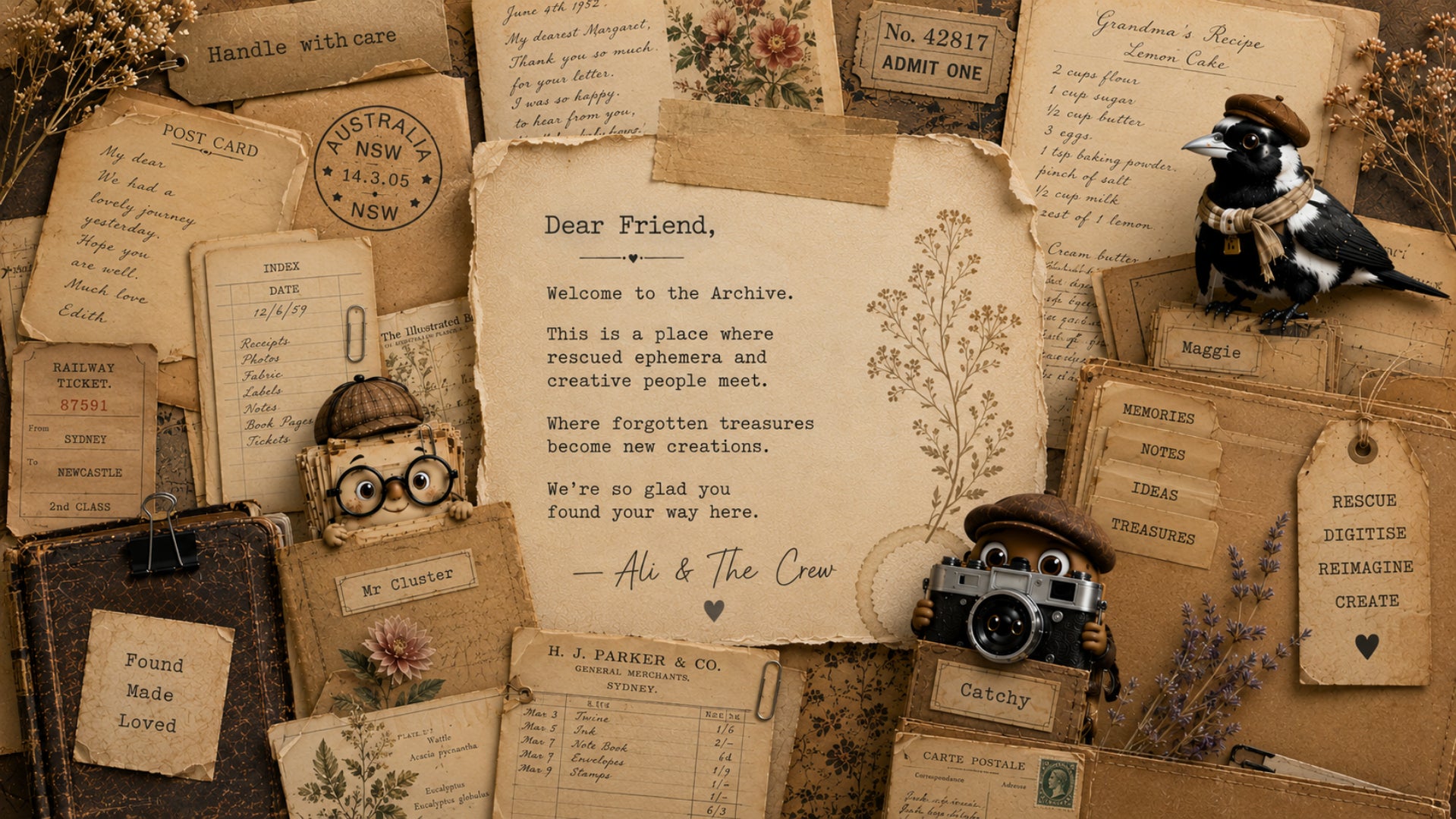 A styled flat-lay collage of vintage paper ephemera, including handwritten letters, aged cards, labels, and small props such as a toy bird, camera, glasses, and dried flowers, arranged on a beige surface.