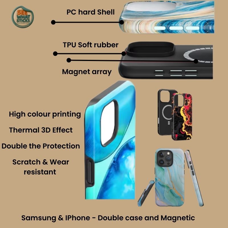 Phone case with features labeled on a beige background