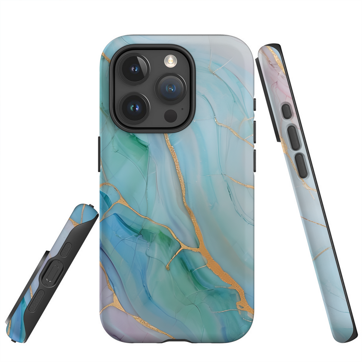 Marble-patterned phone case with blue and gold accents on a white background